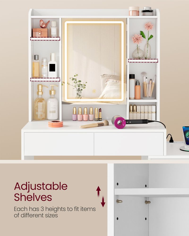 Vanity Desk with LED Mirror, 6 Drawers, Adjustable Shelves & Built-In Charging Ports – White