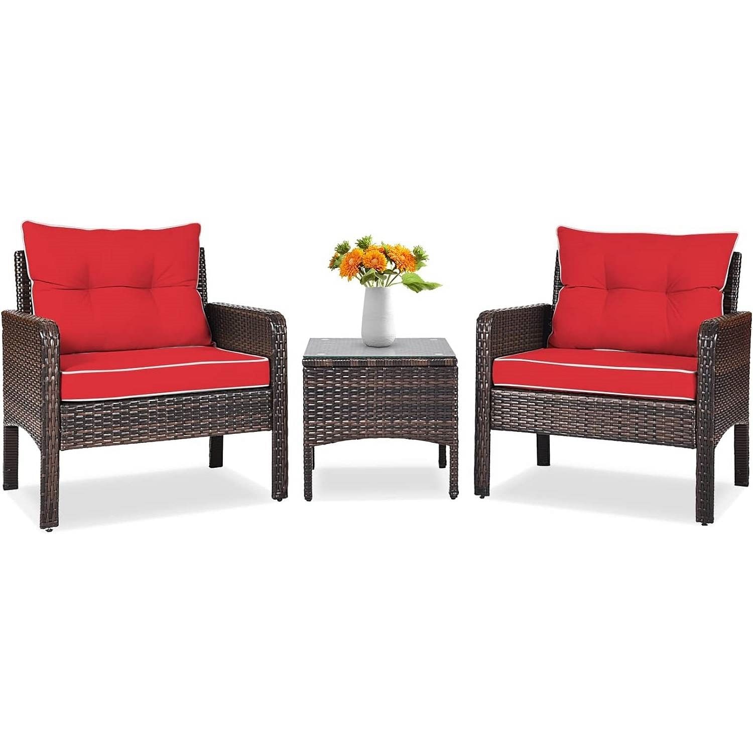 3-Piece Brown PE Rattan Outdoor Dining Patio Furniture Set with Red Cushions - Free Shipping 