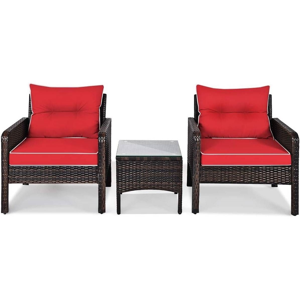 3-Piece Brown PE Rattan Outdoor Dining Patio Furniture Set with Red Cushions - Free Shipping