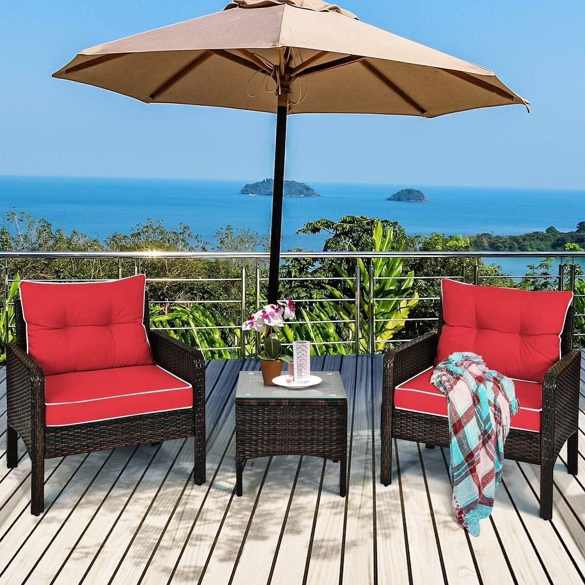 3-Piece Brown PE Rattan Outdoor Dining Patio Furniture Set with Red Cushions - Free Shipping