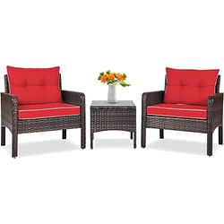 3-Piece Brown PE Rattan Outdoor Dining Patio Furniture Set with Red Cushions - Free Shipping