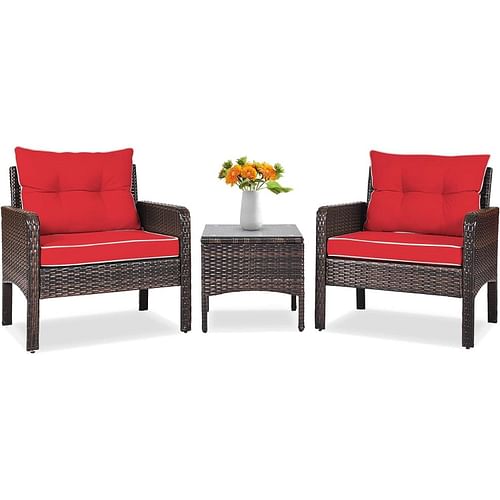 3-Piece Brown PE Rattan Outdoor Dining Patio Furniture Set with Red Cushions - Free Shipping