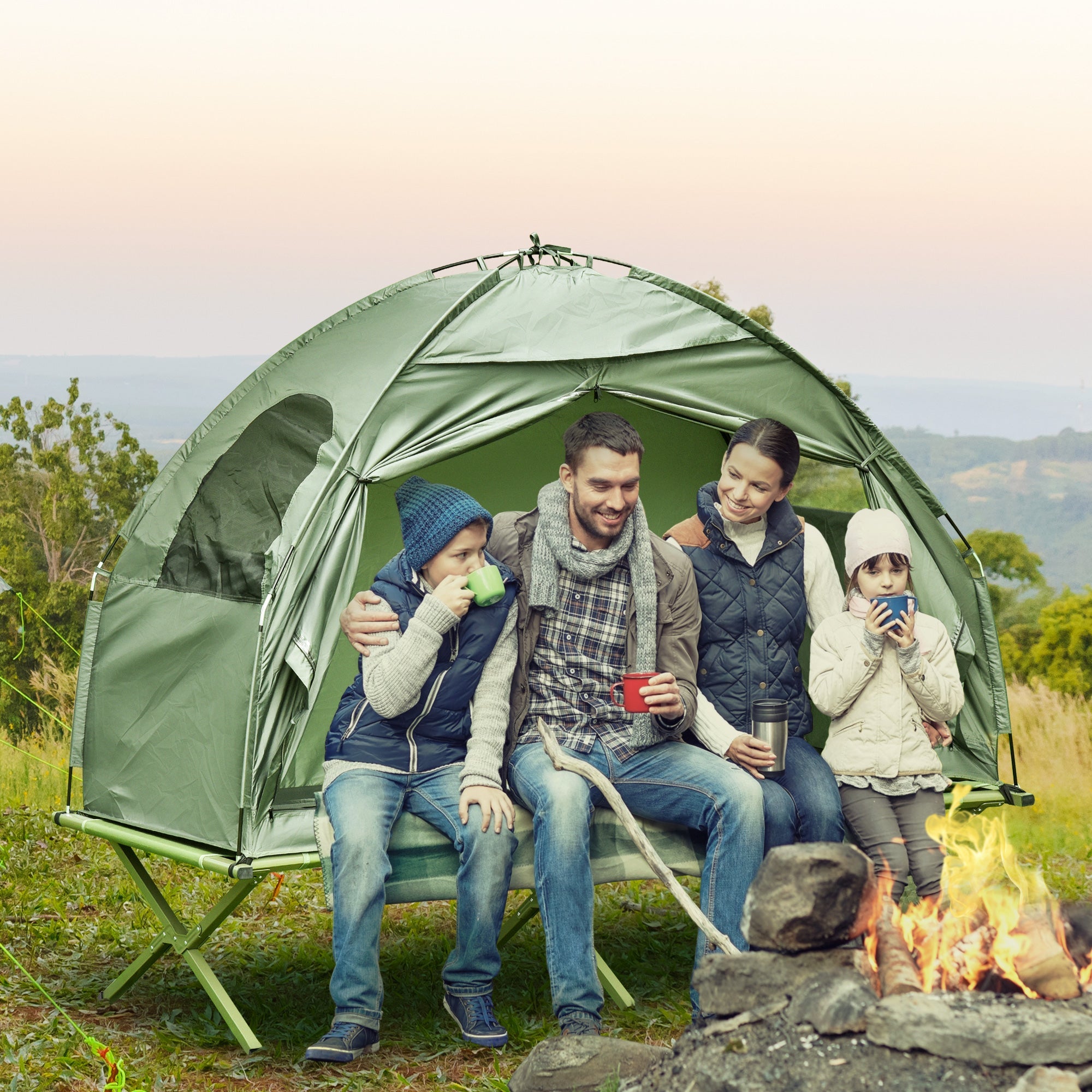 Outsunny Pop Up Camping Cot Tent Combo Set Portable Folding Outdoor Elevated Bed Dark Green 