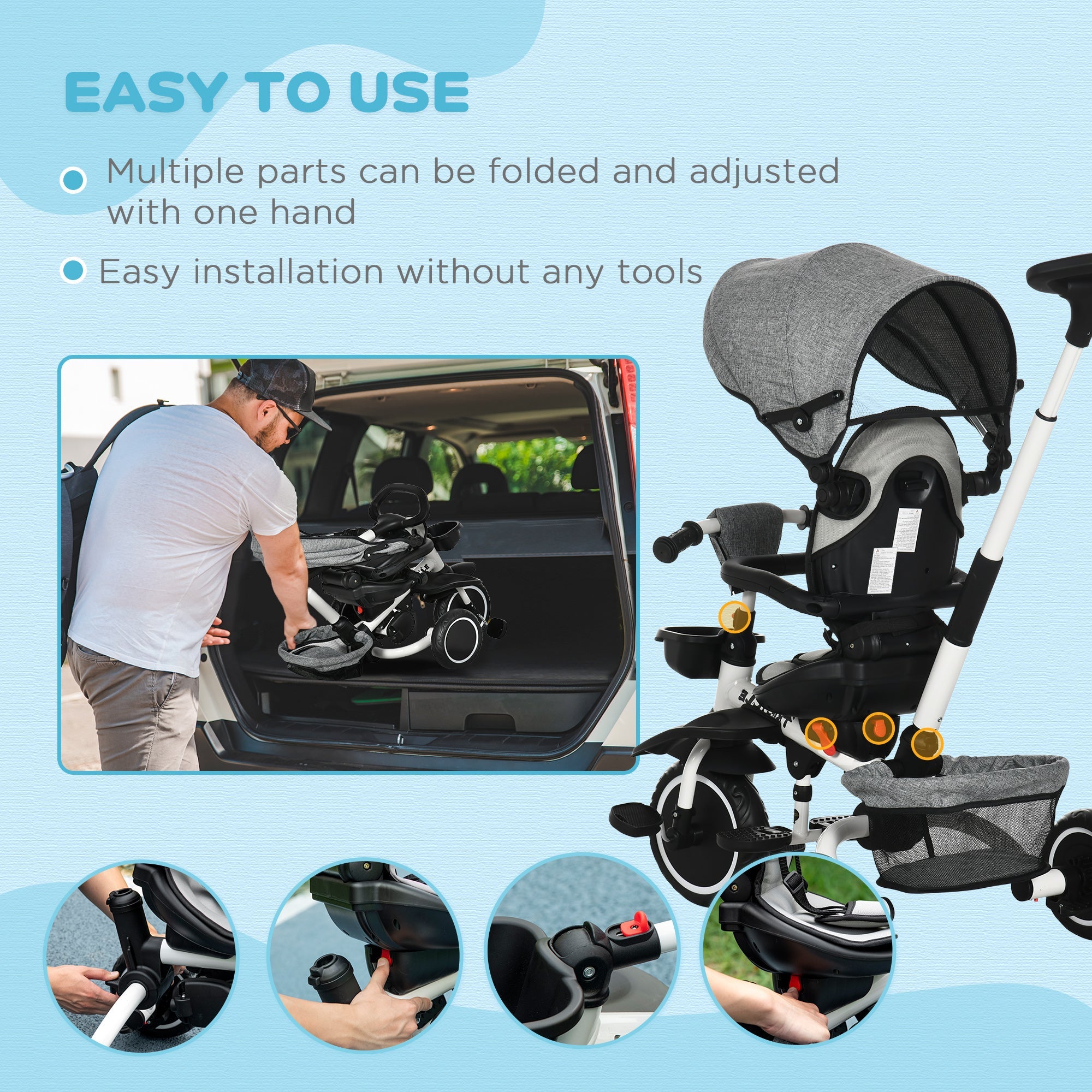 Aosom 7-in-1 Toddler Tricycle, Kids Trike with Rotatable Seat, Adjustable Push Handle, Safety Harness, Detachable Canopy, Footrest| Aosom Canada 