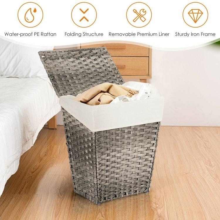 Foldable Handwoven PE Wicker Rattan Laundry Basket Clothes Hamper with Liner - Free Shipping