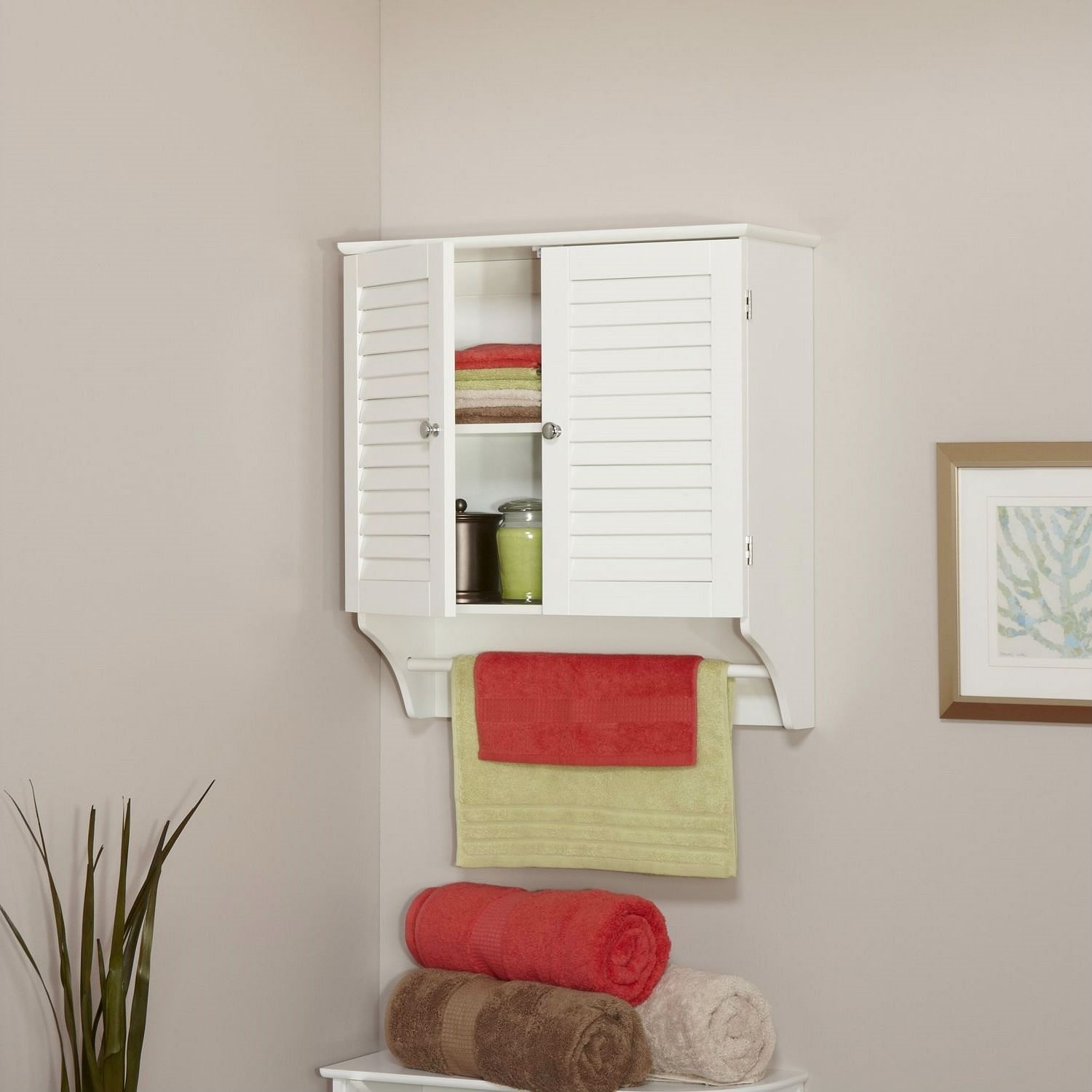 White Bathroom Wall Cabinet with 2 Louver Shutter Doors and Shelf - Free Shipping