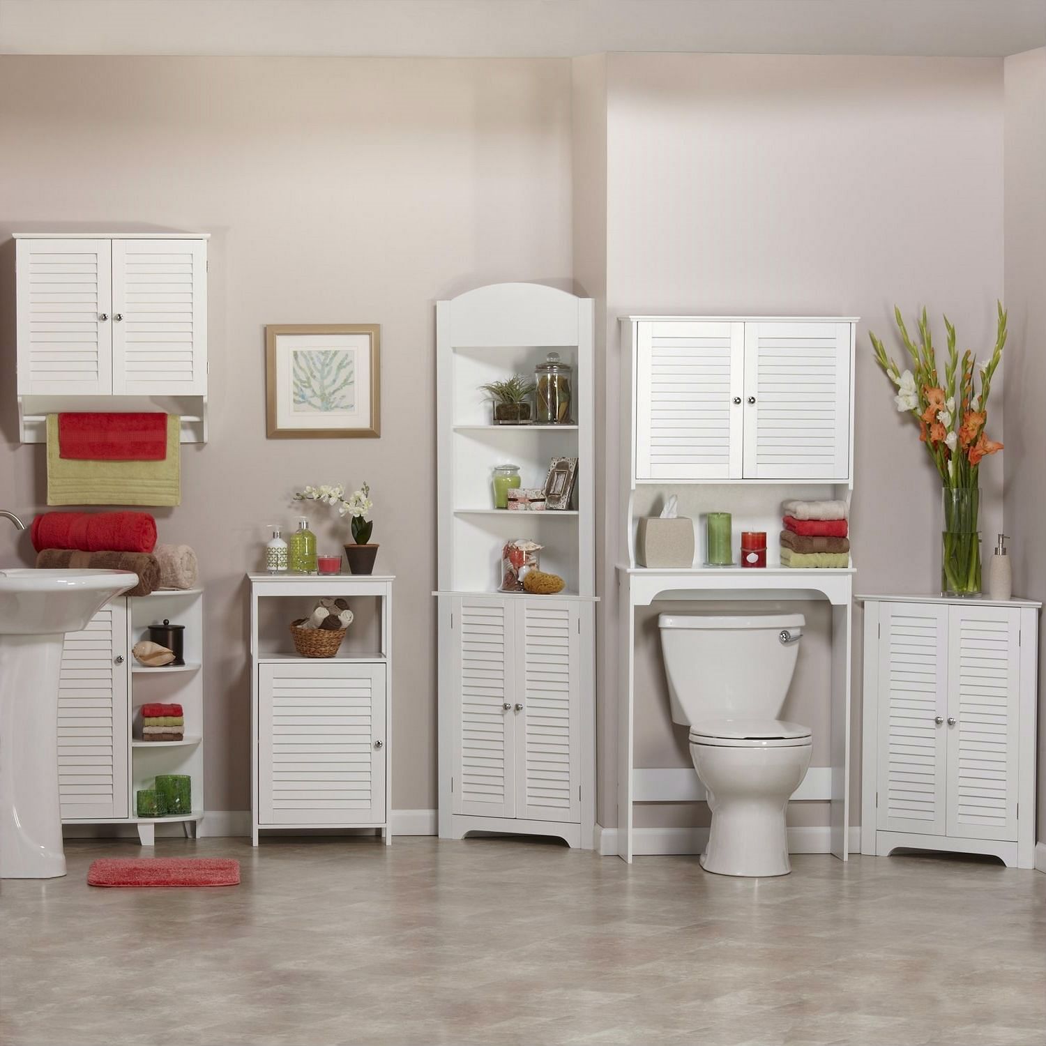 White Bathroom Wall Cabinet with 2 Louver Shutter Doors and Shelf - Free Shipping