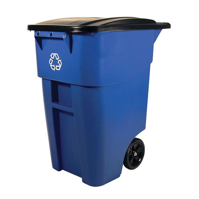 50 Gallon Blue Commercial Heavy-Duty Rollout Recycler Trash Can Container - Free Shipping 