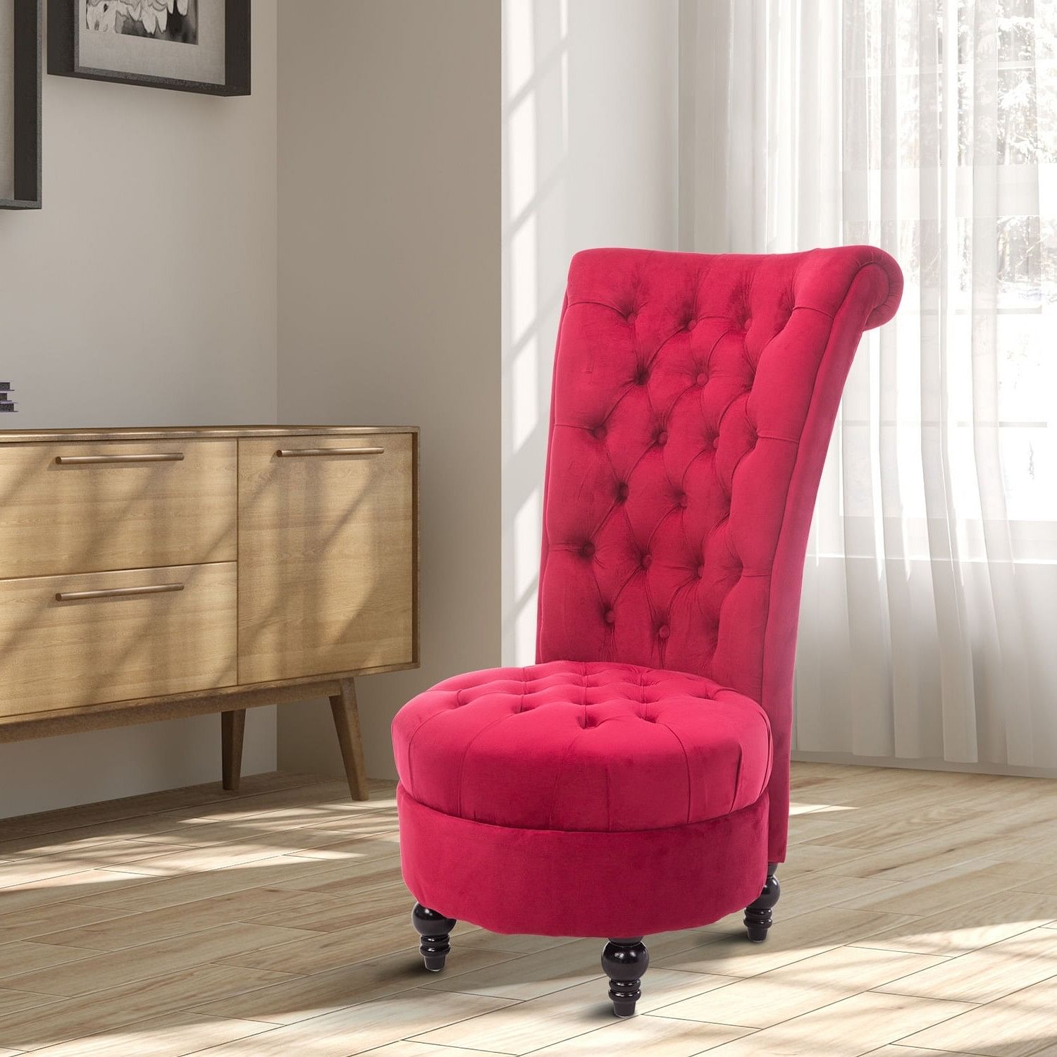 Red Tufted High Back Plush Velvet Upholstered Accent Low Profile Chair - Free Shipping