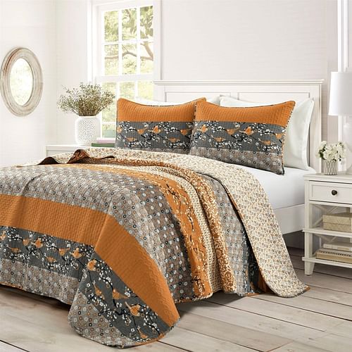 King Size Orange Grey Floral Birds Reversible 3 Piece Quilt Set - Free Shipping