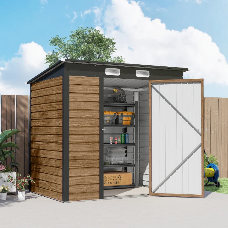 6' x 4' Galvanized Garden Storage Shed, Metal Outdoor Shed with Double Doors and 2 Vents, Teak