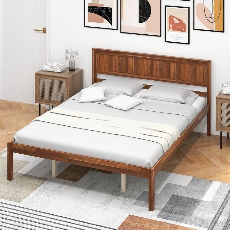 Queen Size Retro Wood Platform Bed Frame with Headboard in Walnut - Free Shipping