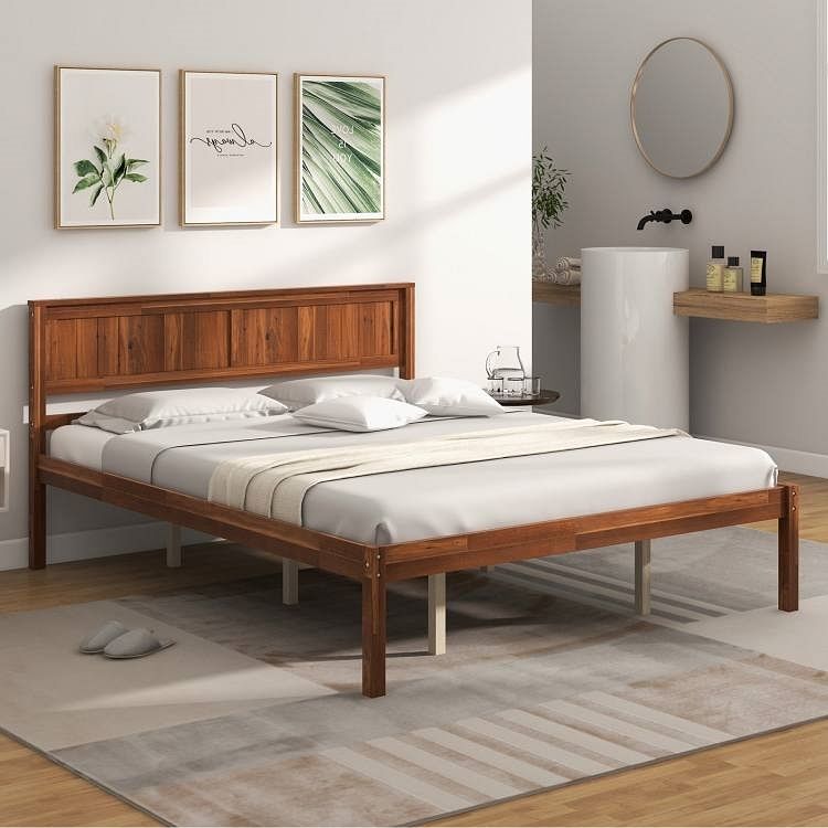 Queen Size Retro Wood Platform Bed Frame with Headboard in Walnut - Free Shipping