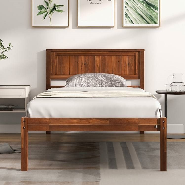 Twin Size Retro Wood Platform Bed Frame with Headboard in Walnut - Free Shipping