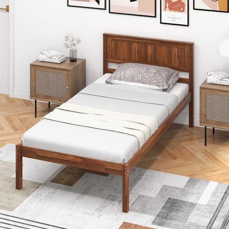 Twin Size Retro Wood Platform Bed Frame with Headboard in Walnut - Free Shipping