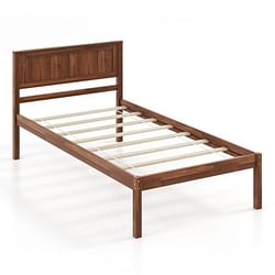 Twin Size Retro Wood Platform Bed Frame with Headboard in Walnut - Free Shipping