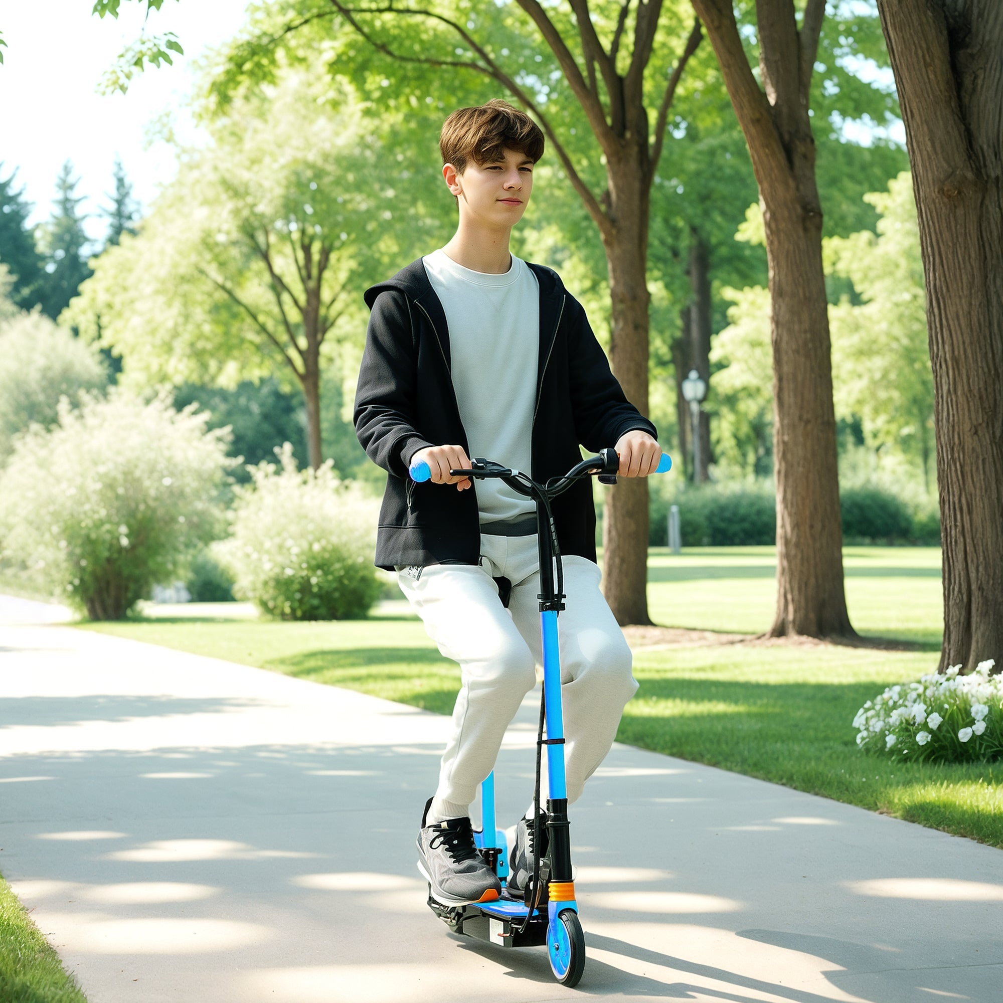Soozier Foldable Electric Scooter for Kids Ages 6-14, with Seat and 2 Adjustable Heights, Max 6km Range & 12km/h, Blue 