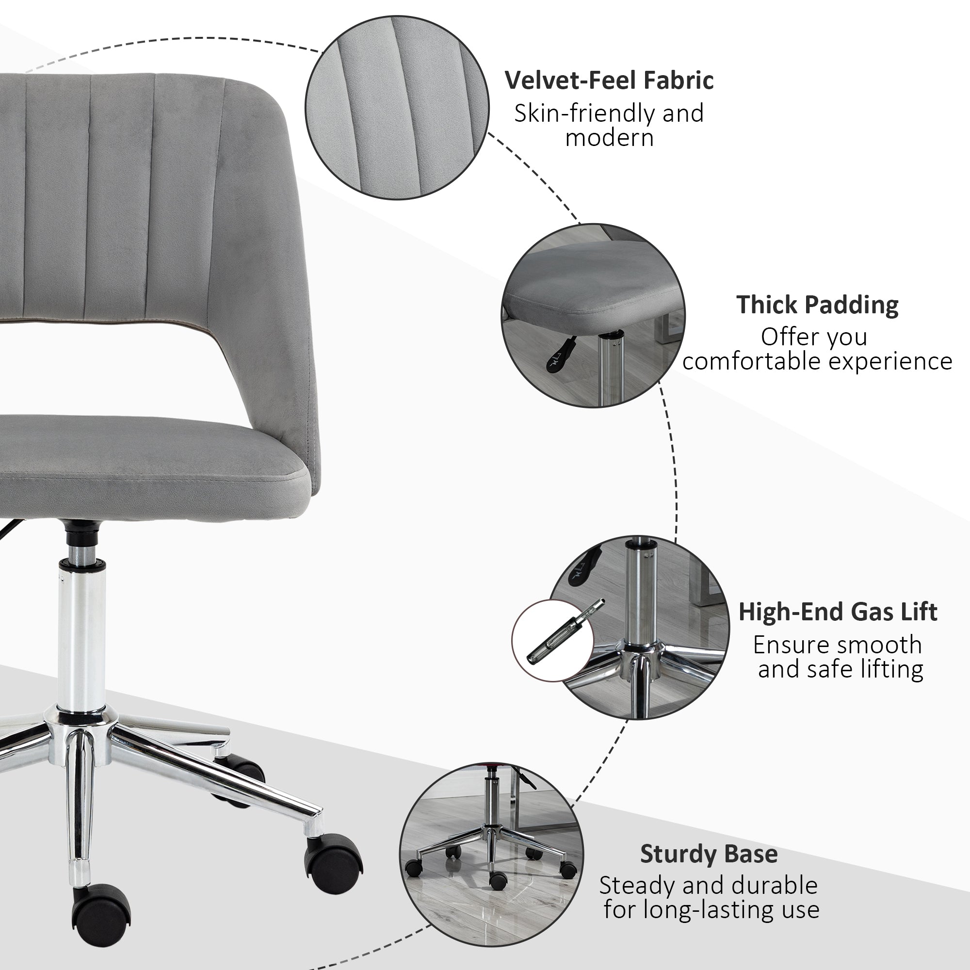 Vinsetto Ergonomic Swivel Chair: Plush Velvet Upholstery, Scalloped Backrest & 360° Mobility for Comfortable Computing, Grey 