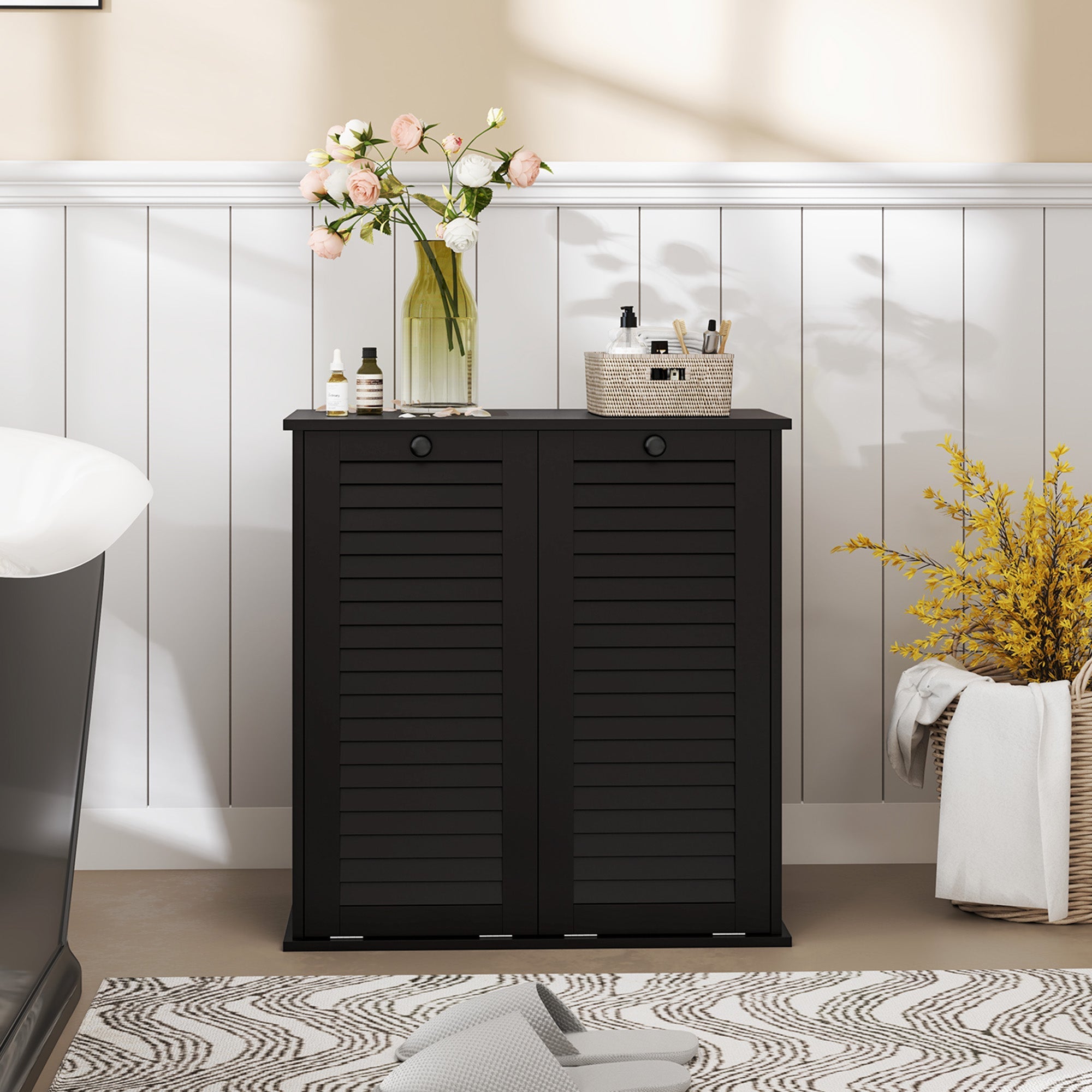 HOMCOM Tilt Out Laundry Cabinet, Laundry Basket Cabinet with 2 Baskets and 2 Louvered Doors, Black 