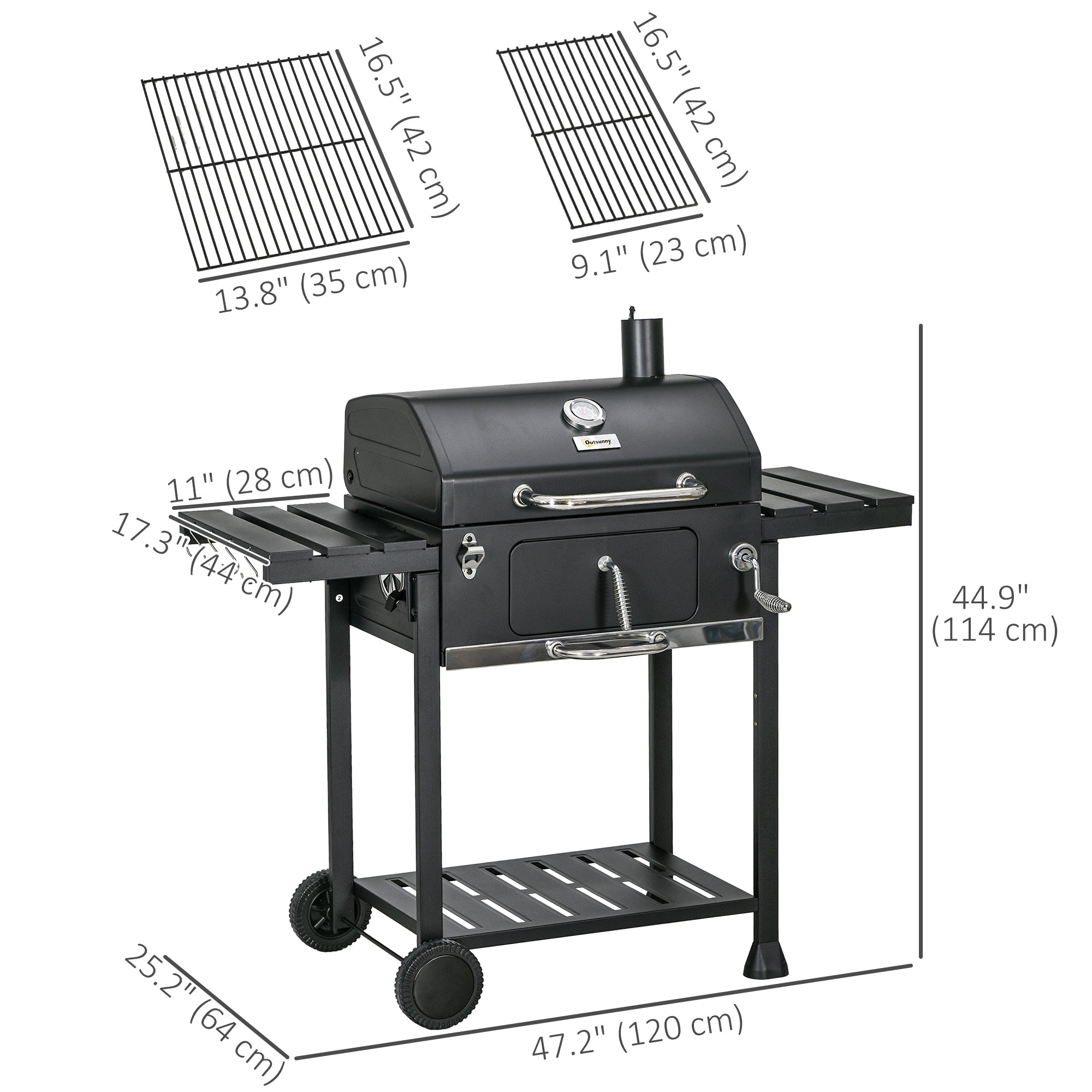 Outsunny Charcoal BBQ Grill Smoker, Adjustable Charcoal Pan, Galvanised Steel, Barbecue Trolley with Storage, Outdoor Cooking 