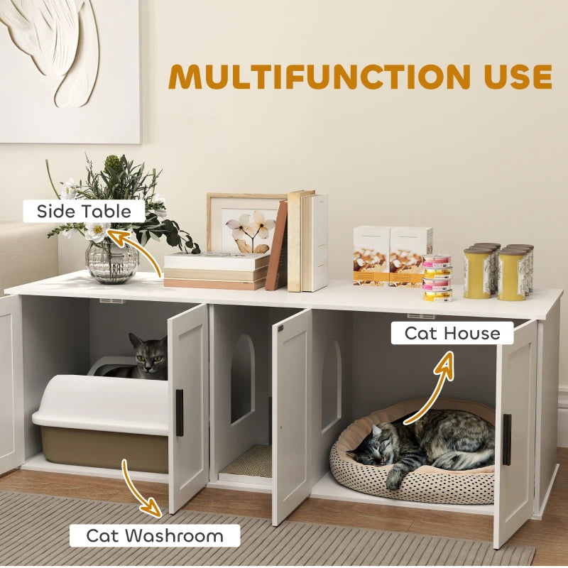 Cat Litter Box Enclosure with Double Room, Scratching Board for 2 Cats, 57" x 19" x 20", White