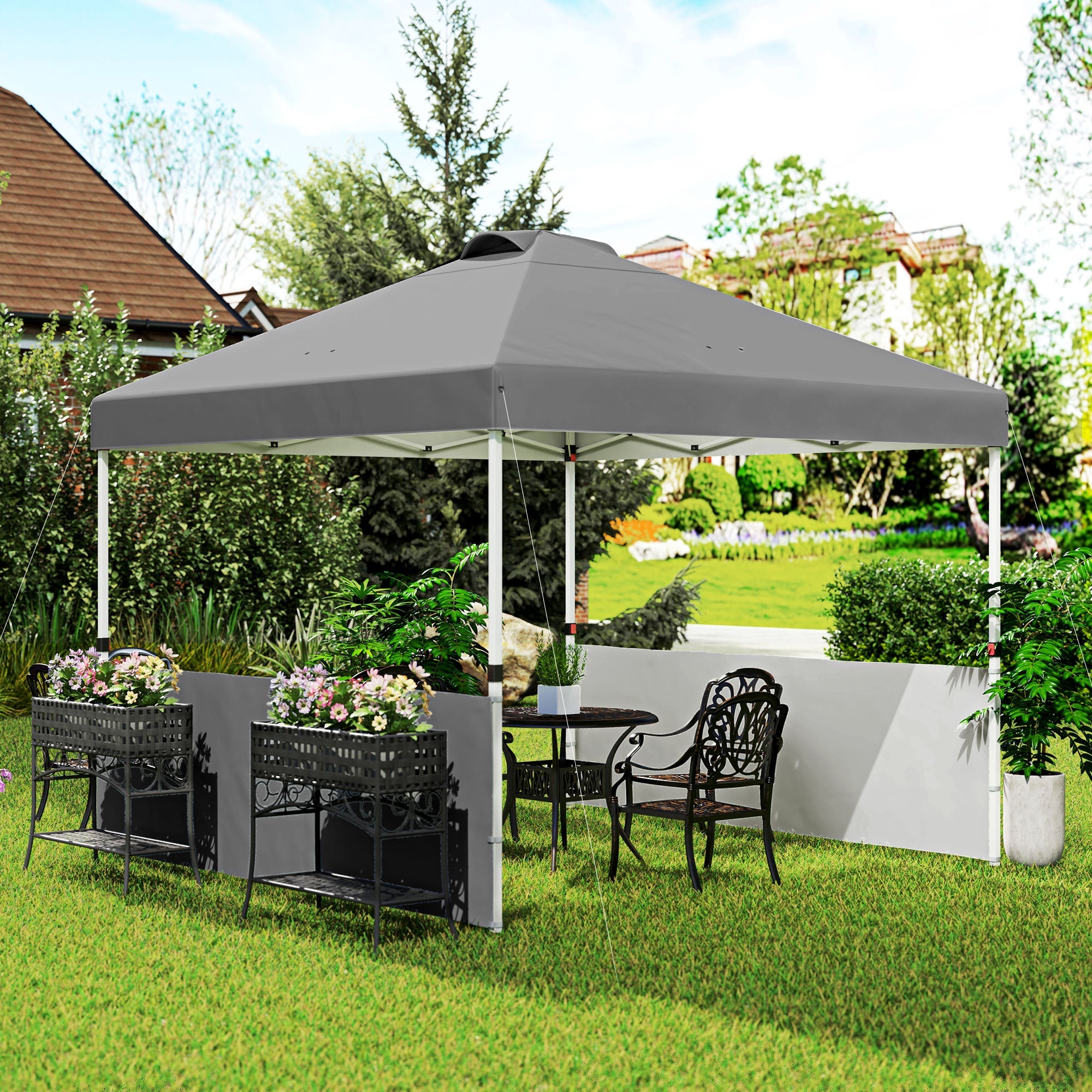 Outsunny 10' x 10' Pop Up Canopy Tent with 2 Half Sidewalls, UV50+ Height Adjustable Instant Sun Shelter, Dark Grey 