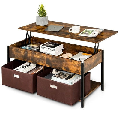 Rustic FarmHouse Lift-Top Multi Purpose Coffee Table with 2 Storage Drawers Bins - Free Shipping 