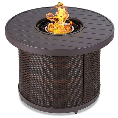 50,000 BTU Brown Wicker Round LP Gas Propane Fire Pit w/ Faux Wood Tabletop and Cover - Free Shipping 