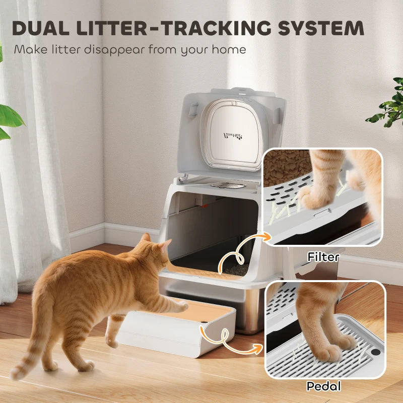 XL Stainless Steel Cat Litter Box, Kitty Litter Box with Flip Cover, Pedal, Deodorizer, for Big Cats