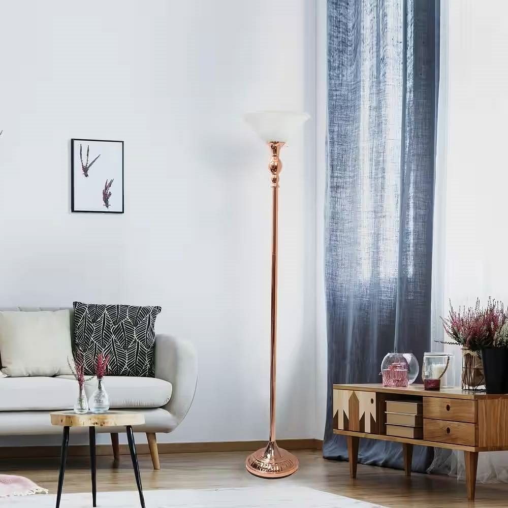 Rose Gold Copper Finish Metal Floor Lamp Torchiere with White Glass Shade - Free Shipping 