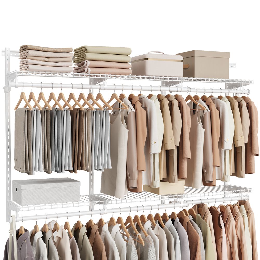 Heavy-Duty Metal Wardrobe Closet with Shelves and Hooks, 96.1" x 12.8" x 48.3", White