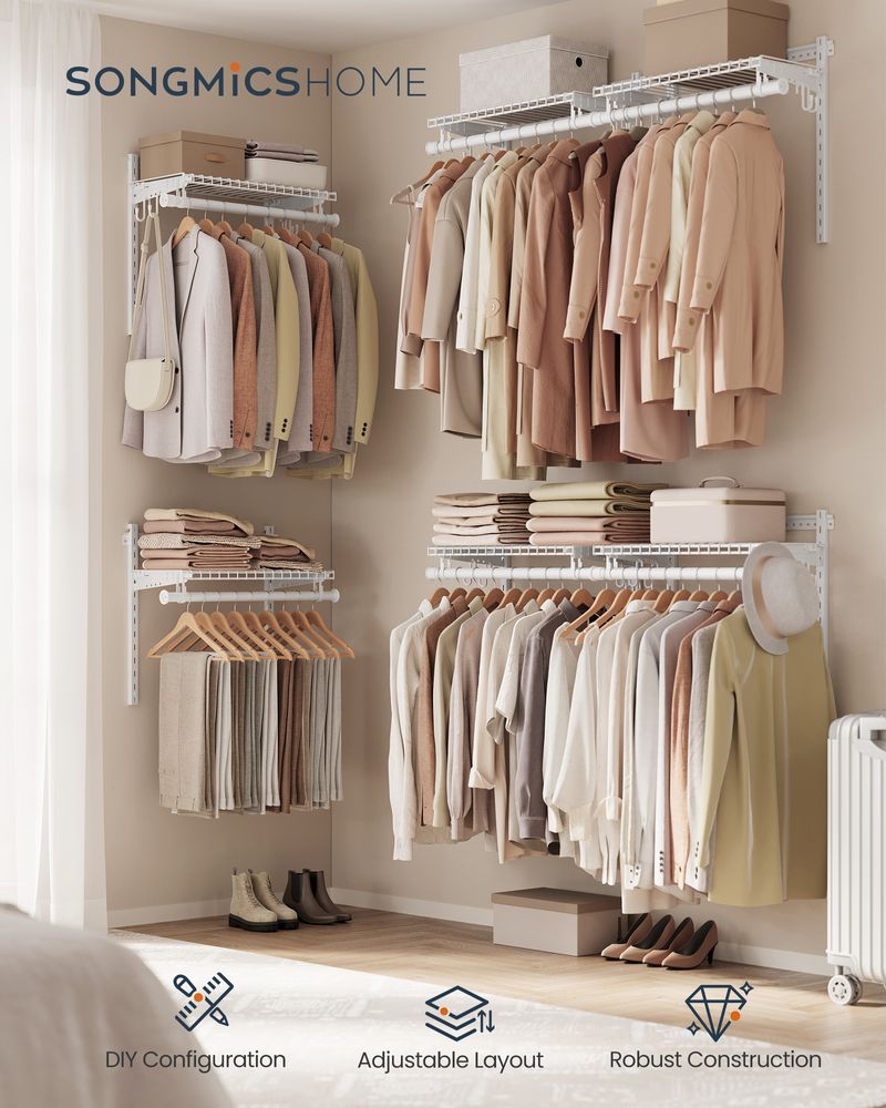 Heavy-Duty Metal Wardrobe Closet with Shelves and Hooks, 96.1" x 12.8" x 48.3", White