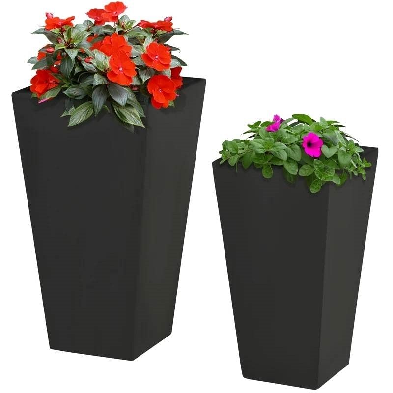 Set of 2 Modern Lightweight Black Outdoor Patio Flower Pot Tall Planter Box - Free Shipping 