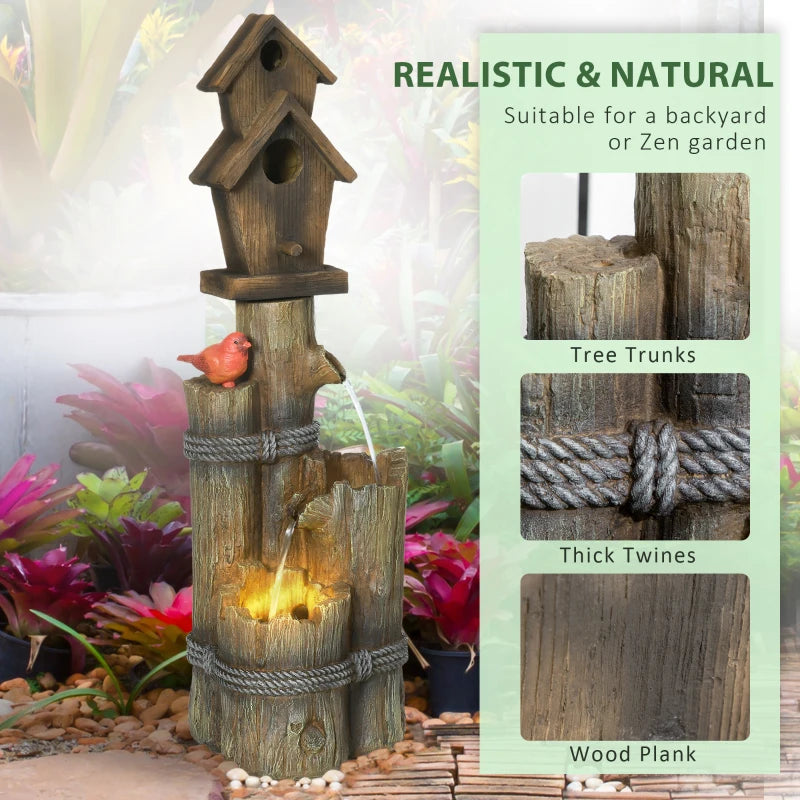 Outdoor Fountain, Garden Waterfall with Birdhouse, 3-Tier Tree Trunk Design, LED Lights for Porch, Deck, Yard, Brown