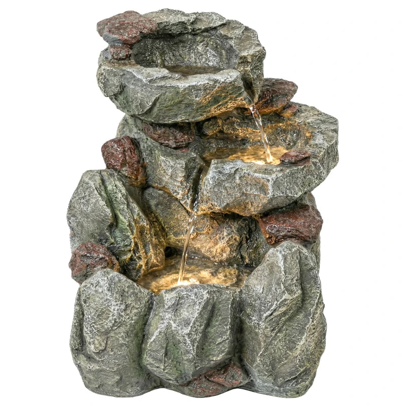 Outdoor Fountain with LED Lights Adjustable Flow Cascading Waterfall 3-Tier Rustic Rock Look Grey