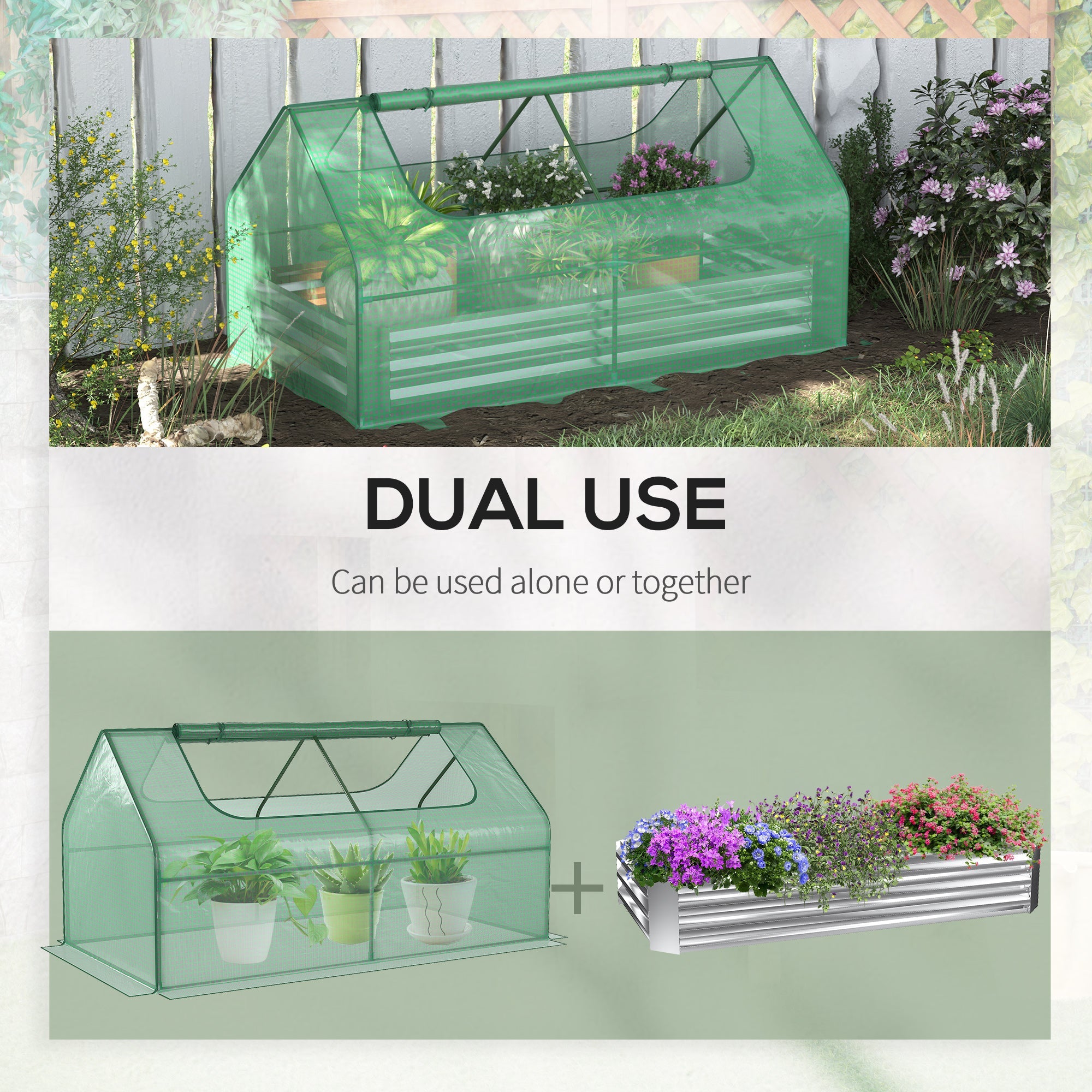 Outsunny Greenhouse with Raised Planter: Steel Garden Bed, Plastic Cover, Roll-Up Window, Green 