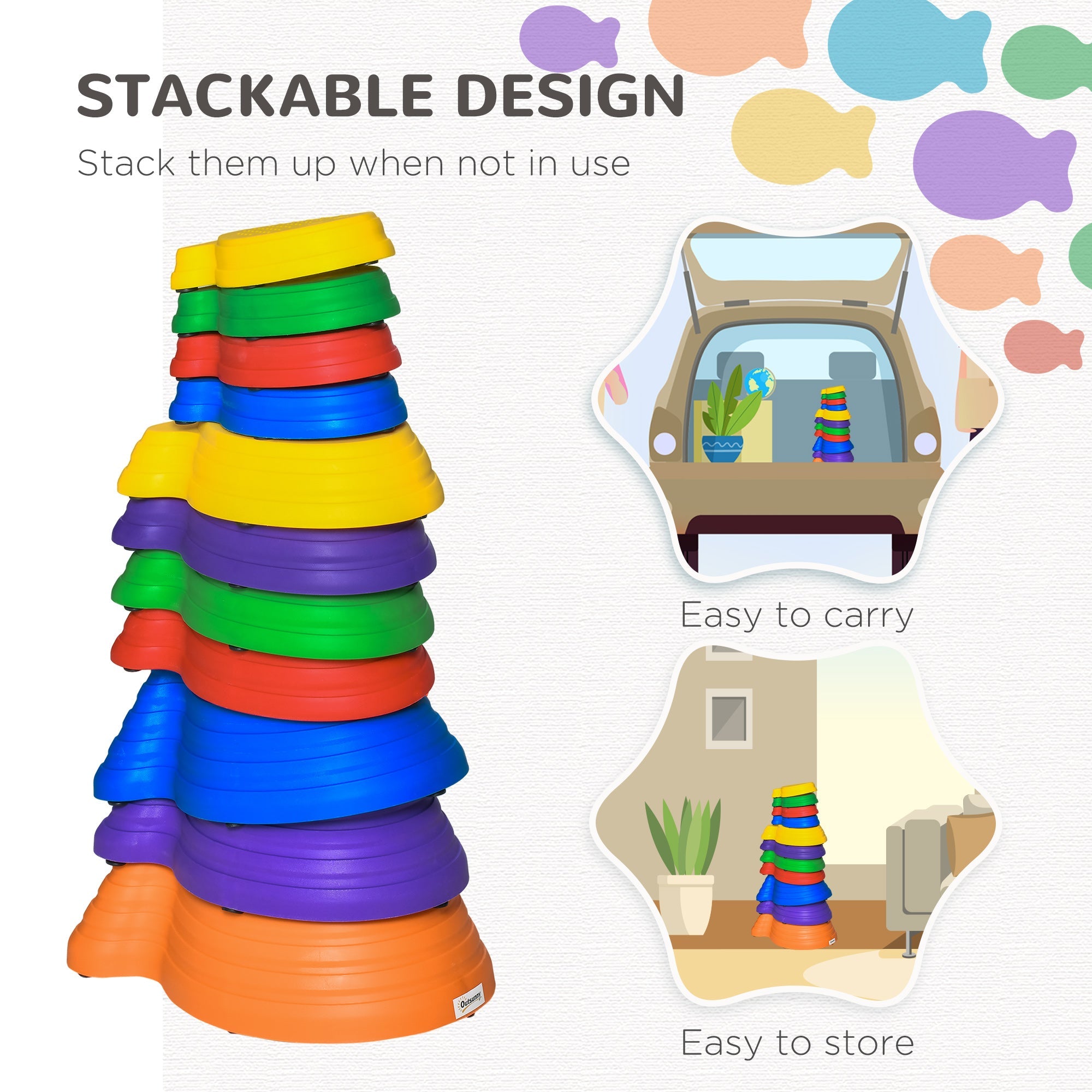 Outsunny 11pcs Kids Balance Stepping Stones, Fish Style - Non-slip, Stackable Obstacle Course for Toddler Balance 