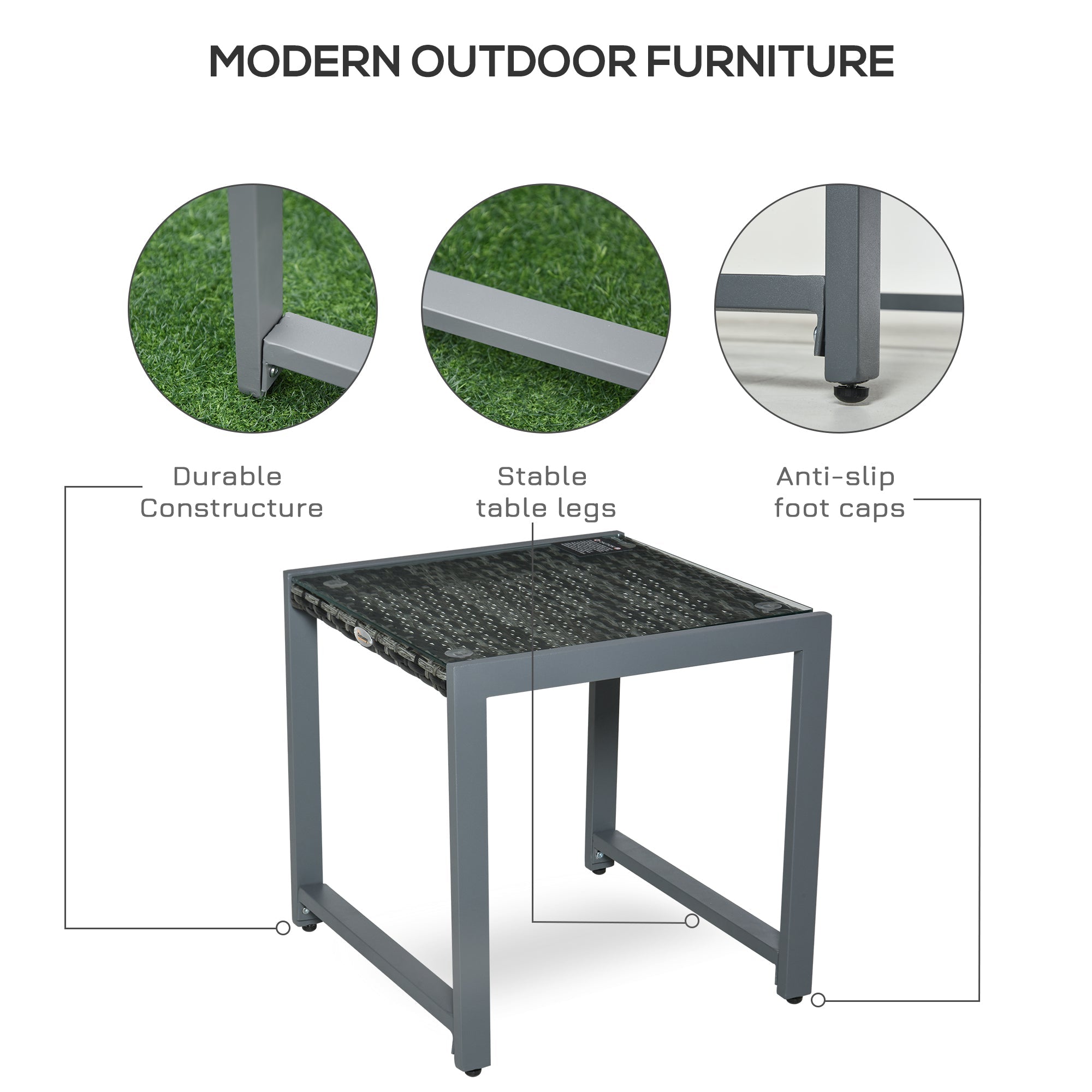 Outsunny Patio Rattan Coffee Table Wicker Side Table with Tempered Glass Top Aluminum Frame Outdoor Garden Gray 
