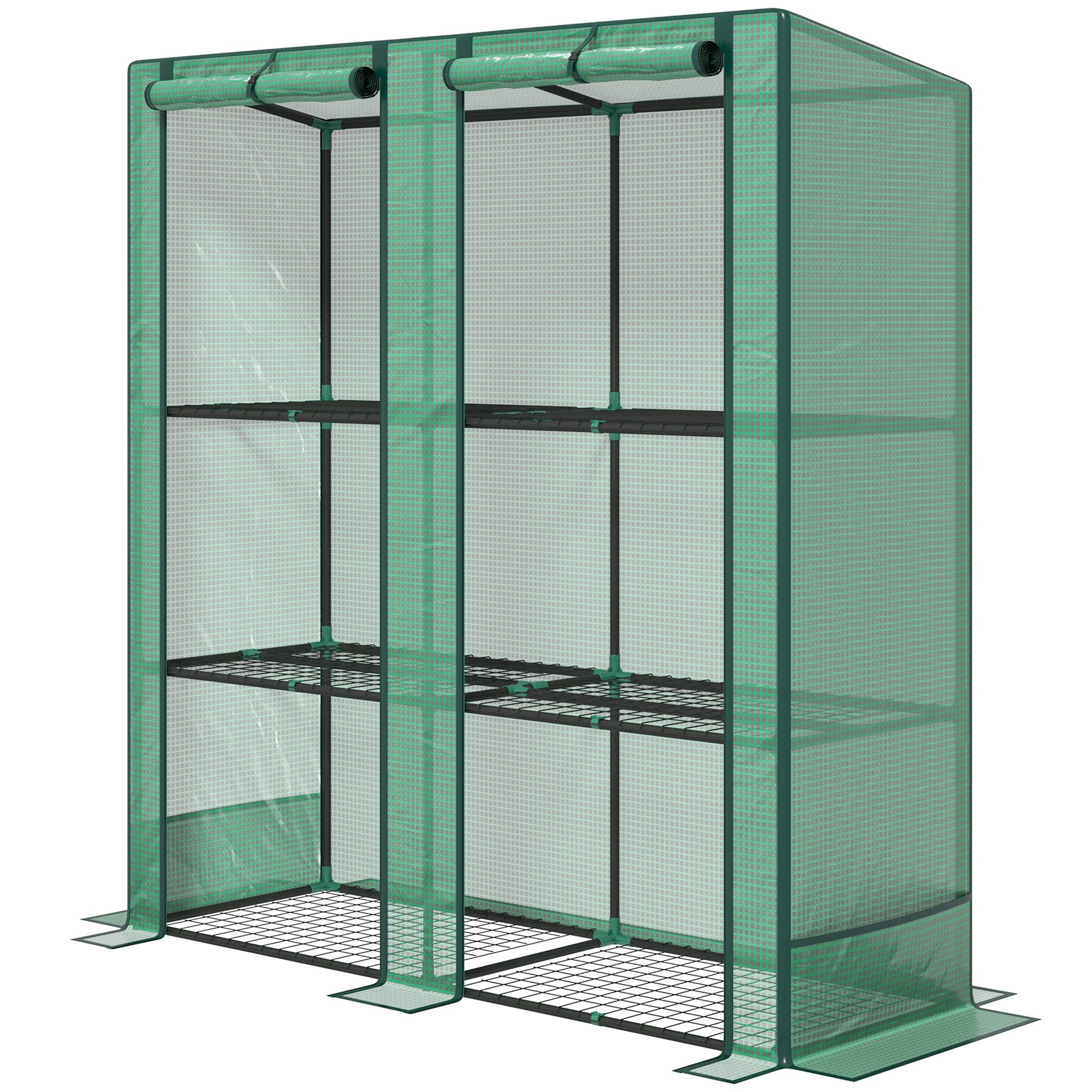 Outsunny Lean-to Greenhouse with 3 Tier Shelves, Mini Greenhouse with 2 Roll-Up Doors for Indoor Outdoor, Green 
