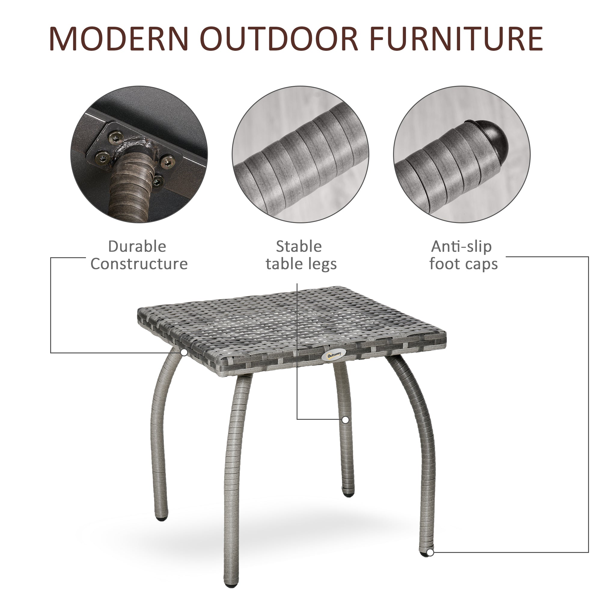 Outsunny Rattan Coffee Table 18" Outdoor Side Patio Wicker Furniture Square All-Weather PE Garden Balcony 