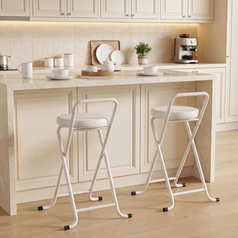 Foldable Bar Stools Set of 2, Folding Kitchen Chairs with PU Cushioned Seat, Footrest, White