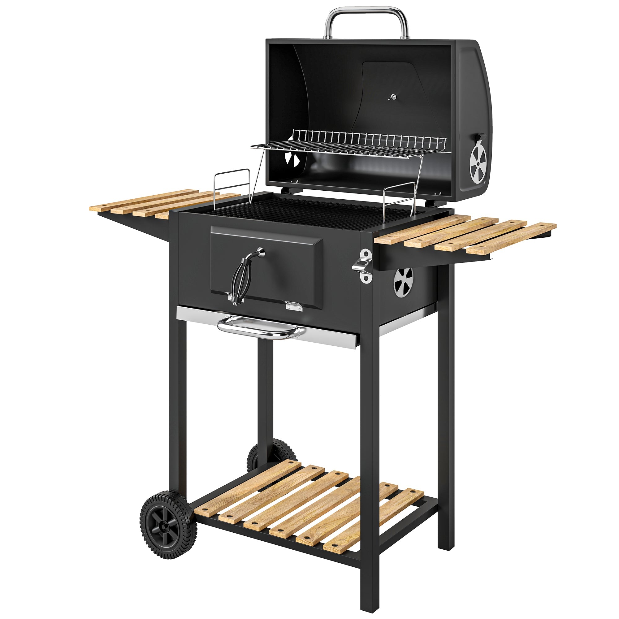 Outsunny 20" Charcoal BBQ Grill Barbecue on Wheels with Adjustable Charcoal Pan, Spacious Cooking Area, 3 Shelves, Thermometer 
