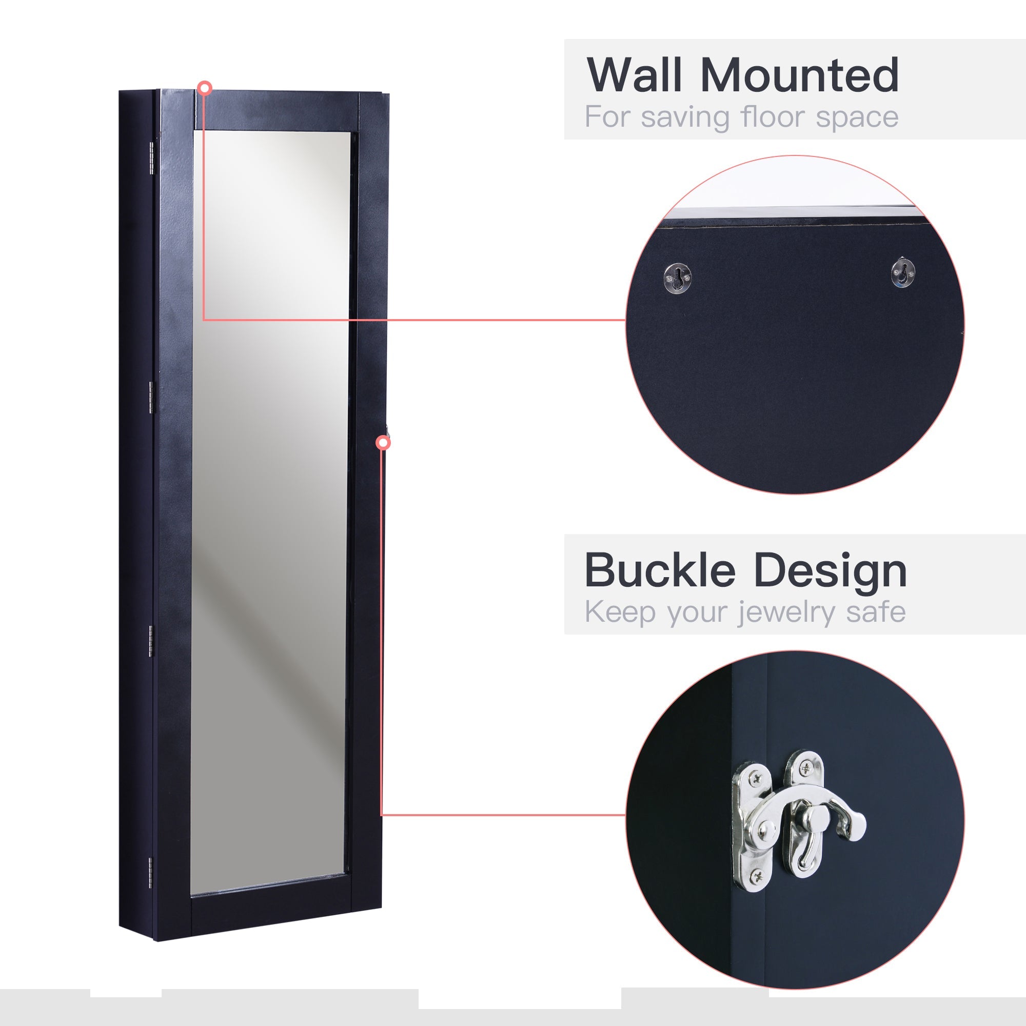 HOMCOM Wall-Mount Mirrored Jewelry Cabinet: With Real Glass Mirror, Lockable, Black 