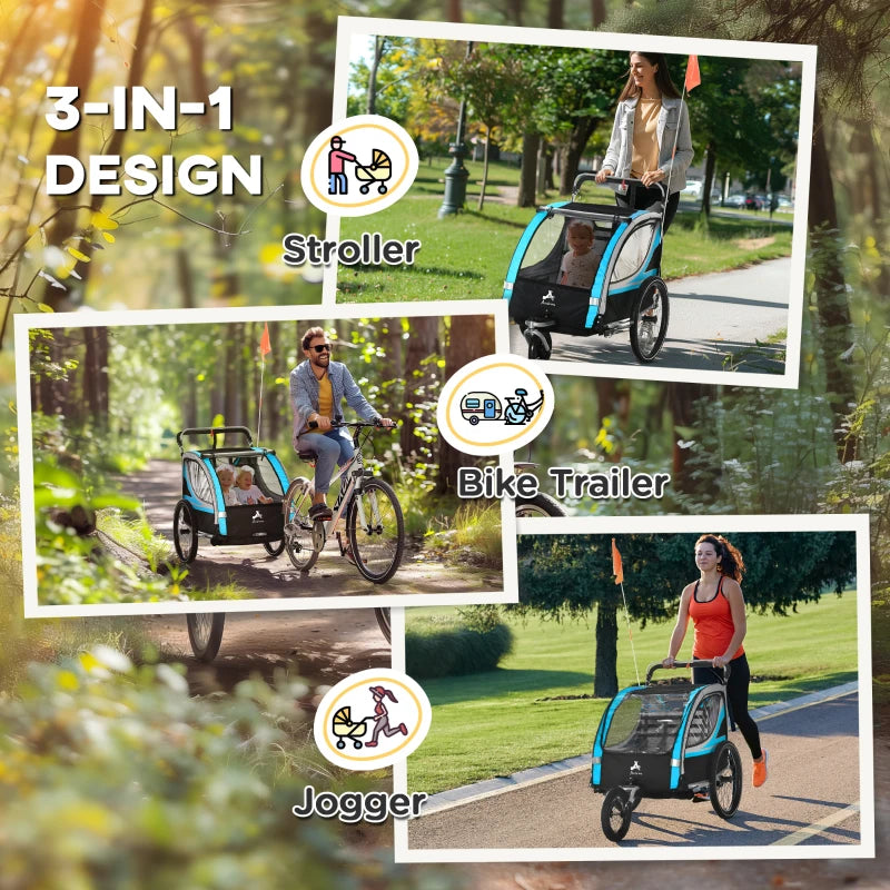 Aosom 3-in-1 Bike Trailer for Kids, Running Stroller with 2 Seats, Jogging Cart with 5-Point Harness, Storage Units, Blue