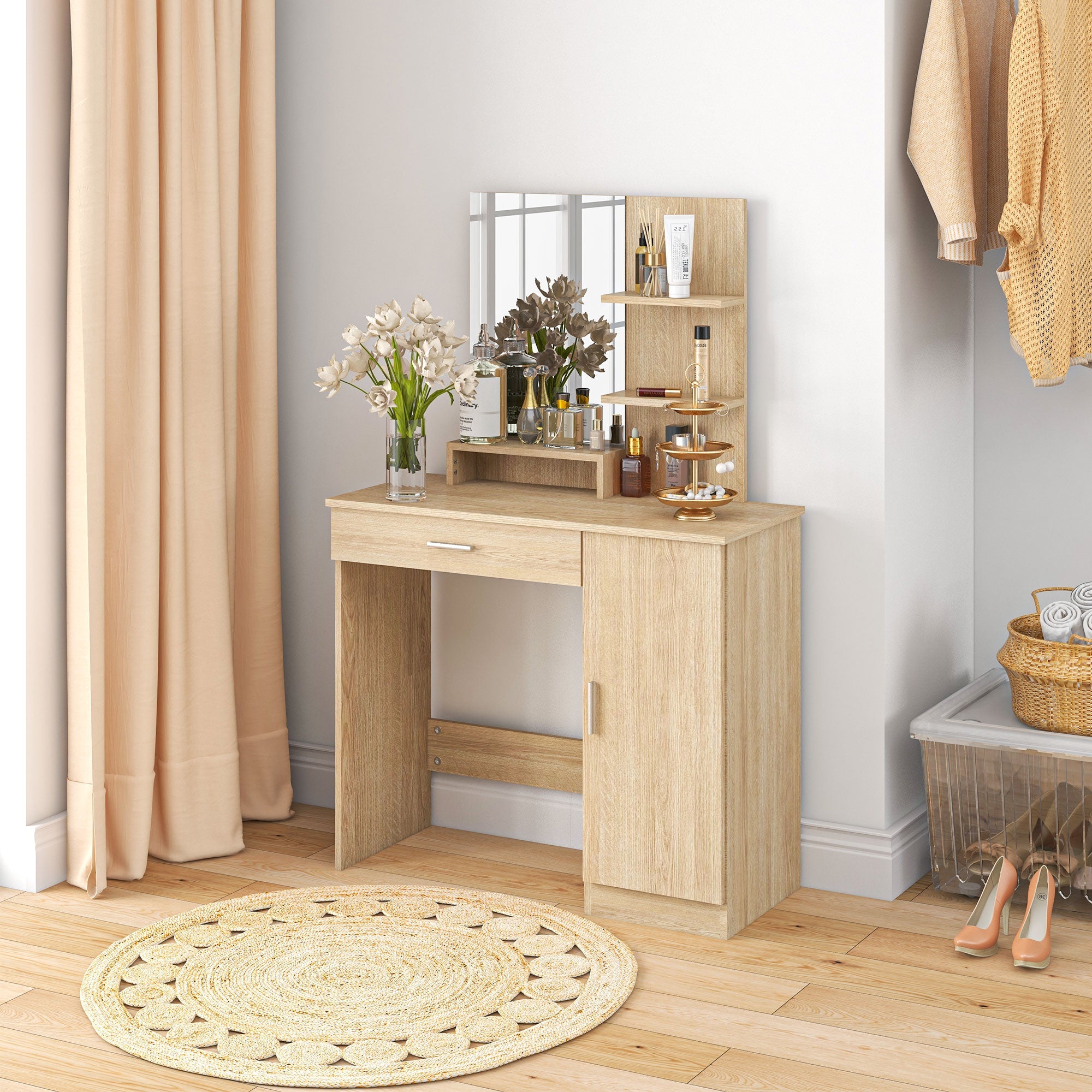 HOMCOM Dressing Table, Vanity Table with Mirror, Drawer and Storage Shelves for Bedroom, 35.4" x 15" x 54.3", Maple Wood 
