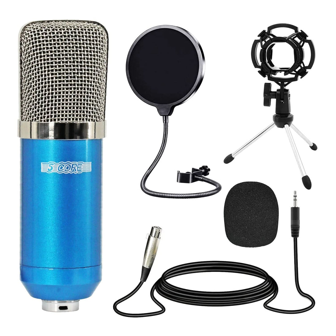 5Core Recording Microphone Podcast Bundle Professional Condenser Cardioid Mic Kit w Desk Stand BLUE