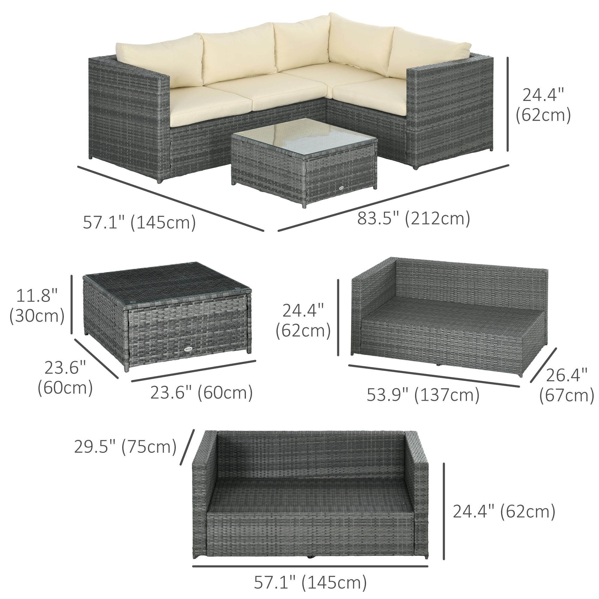 Outsunny Rattan Wicker 3-Piece Patio Set, Outdoor Conversation Furniture with Loveseats, Coffee Table, Beige Cushions 