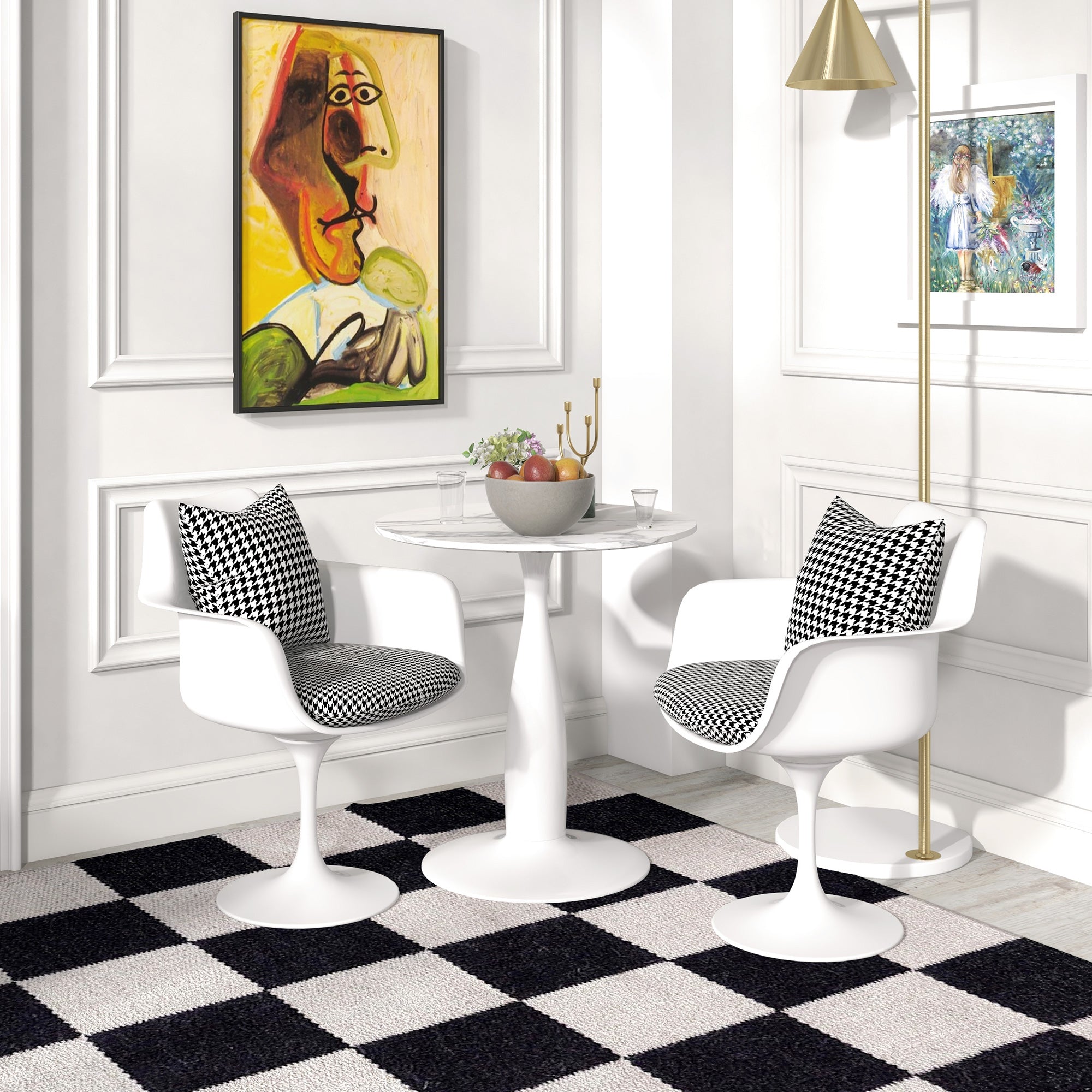 HOMCOM Round Dining Table Modern Room Faux Marbled Top Steel Base Space Saving Small Kitchen White 