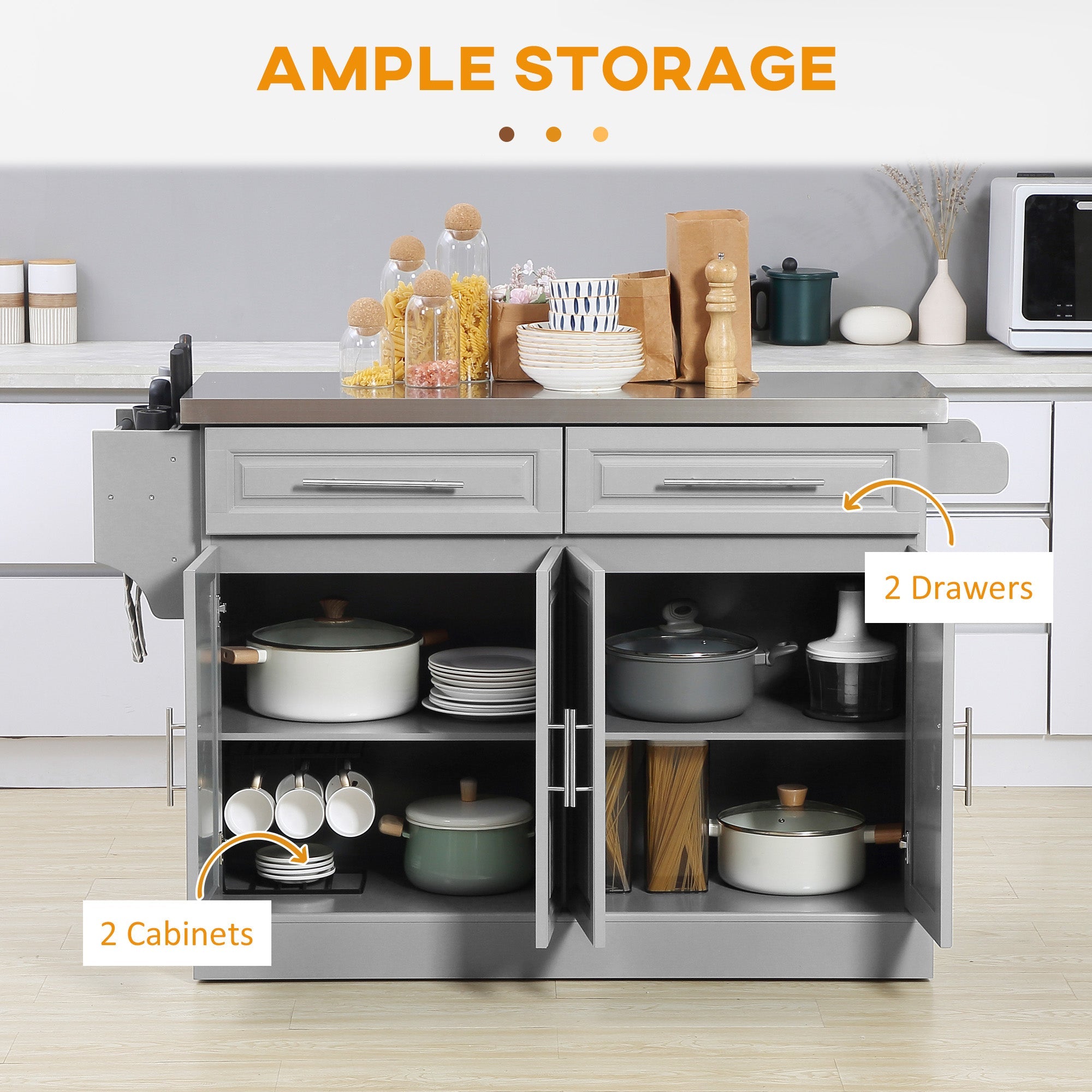 HOMCOM Rolling Kitchen Island with Storage and Stainless Steel Top, Kitchen Trolley with Drawers, Cabinets, Towel Rack 