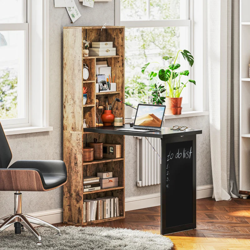 Fold-out Convertible Office Desk, Wall Mount Computer Desk with Blackboard and Side Shelf, Rustic Brown